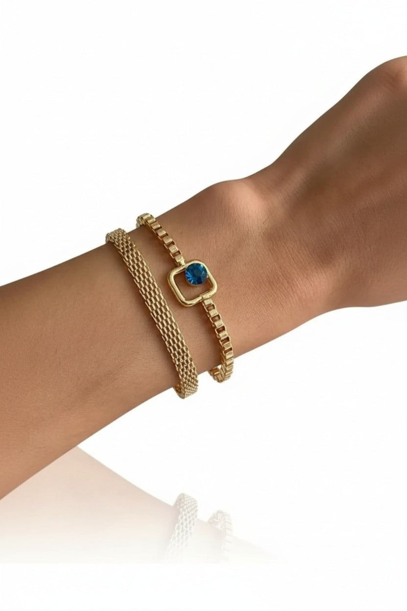 Blue Sparkle Bracelet Set Adjustable Two Piece Layered Minimalist Elegant Fashion Jewelry Gift For Her