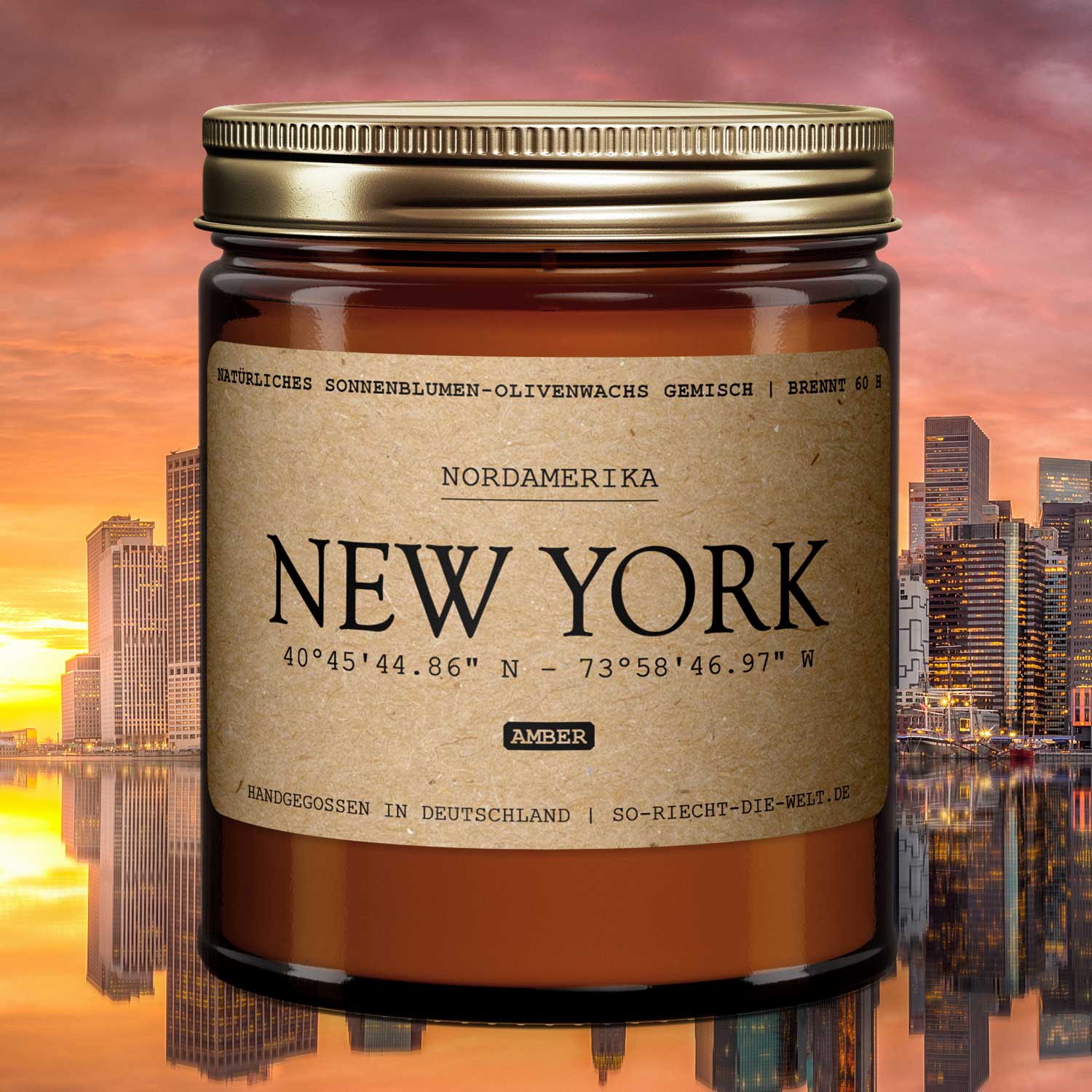 New York Amber Scented Candle – Natural Wax, 60 Hours Burn Time