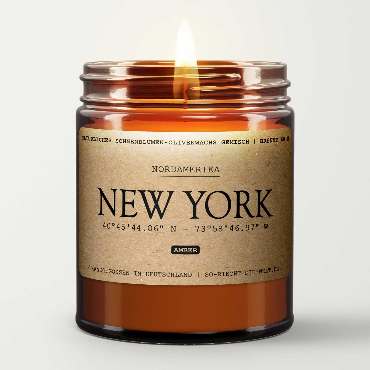 New York Amber Scented Candle – Natural Wax, 60 Hours Burn Time
