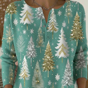 Teal sweater with Christmas tree and snowflake pattern