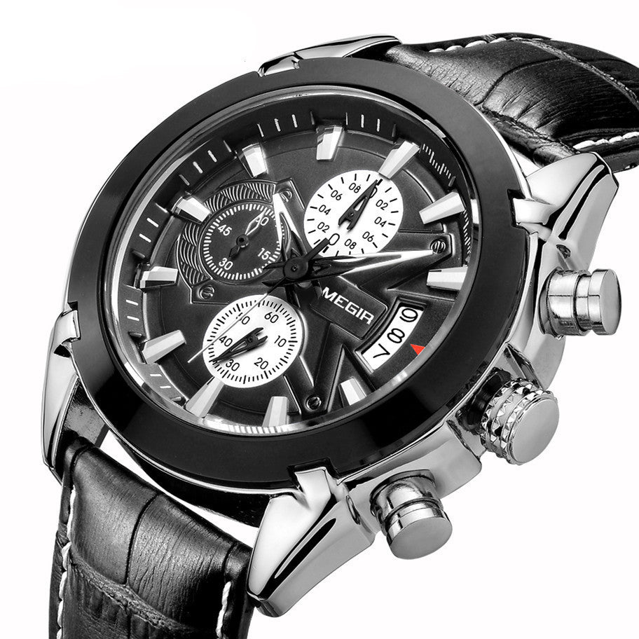 Herren Luxus-Lederuhr, wasserdicht, Quarz-Chronograph, Sportuhr