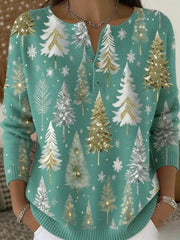 Teal sweater with Christmas tree pattern worn by a person