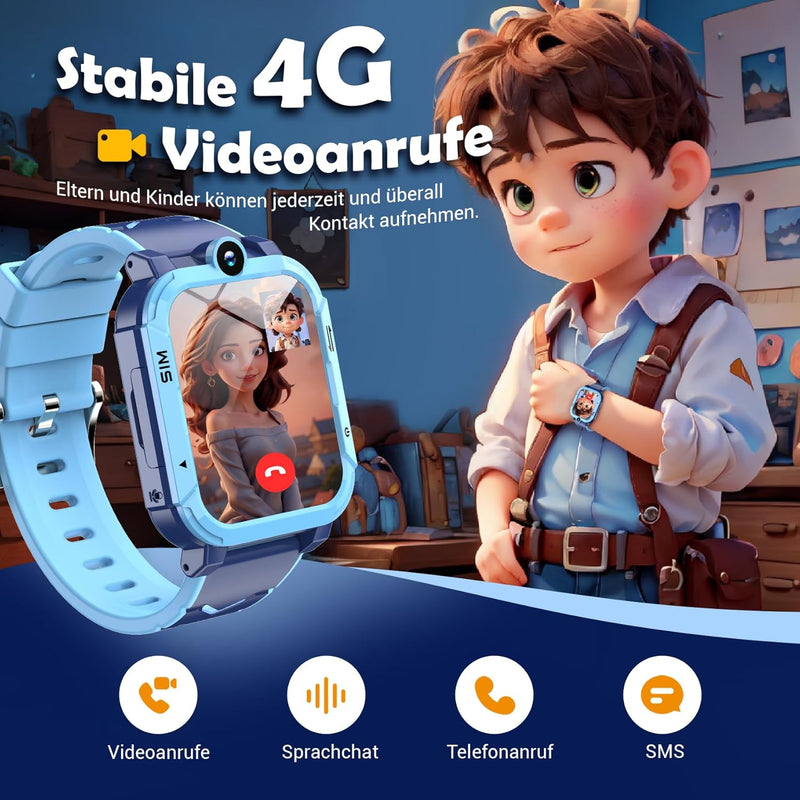4G-Kinder-Smartwatch mit GPS-Tracker, Videoanruffunktion, Touchscreen-Kamera, wasserdicht, Lern-Smartwatch für Jungen und Mädchen