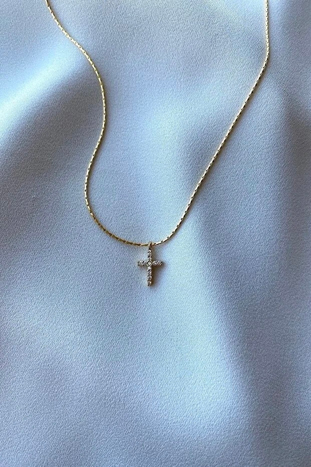 Zircon Stone Cross Necklace Elegant Minimal Women Jewelry