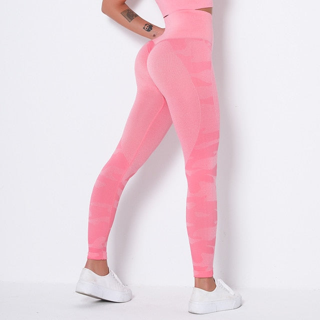 Nahtlose Camouflage-Sportleggings mit hohem Bund für Damen – Push-up und Bauchkontrolle